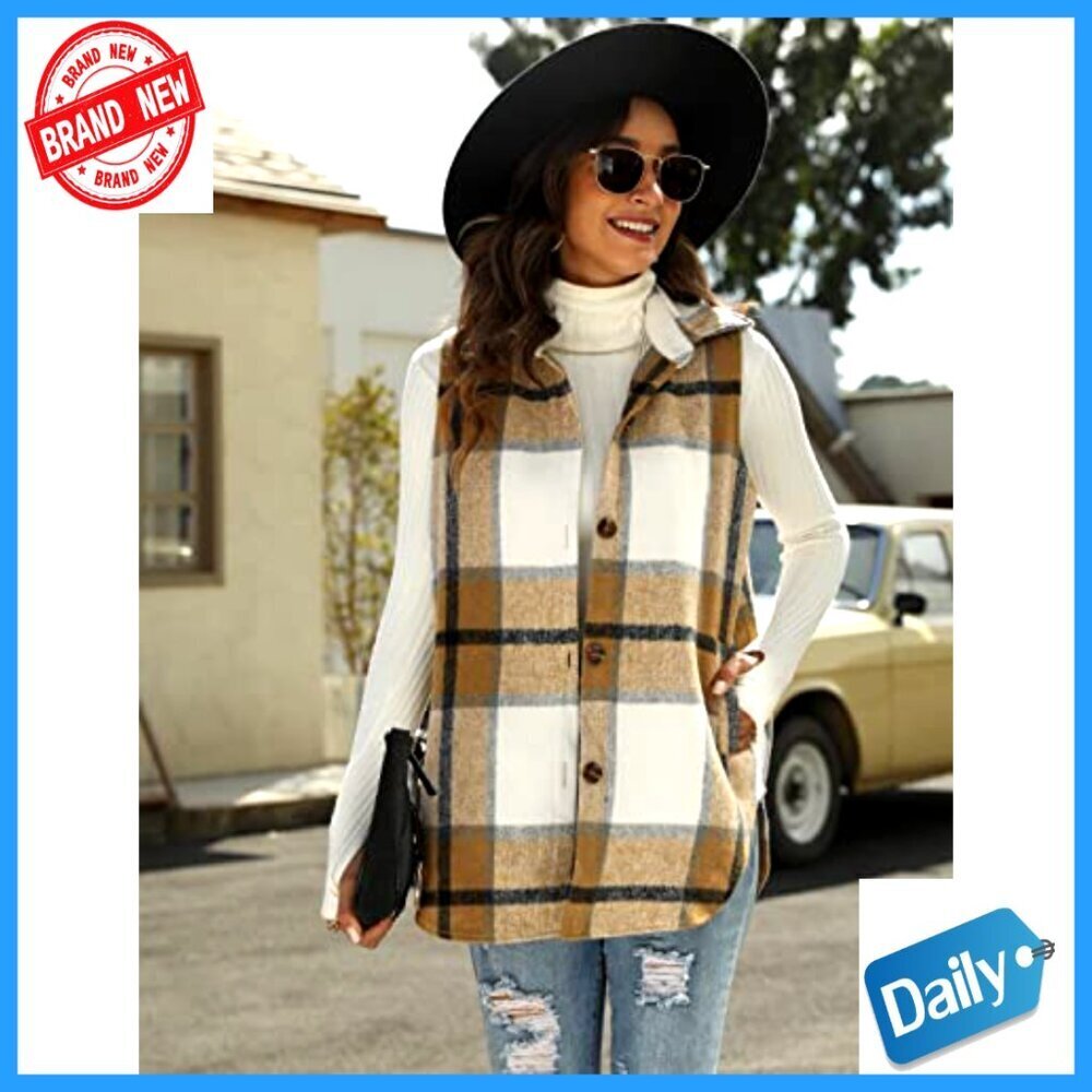 Flannel Plaid Vest Sleeveless Button Down Shirt Jacket with Pockets - Picture 4 of 7